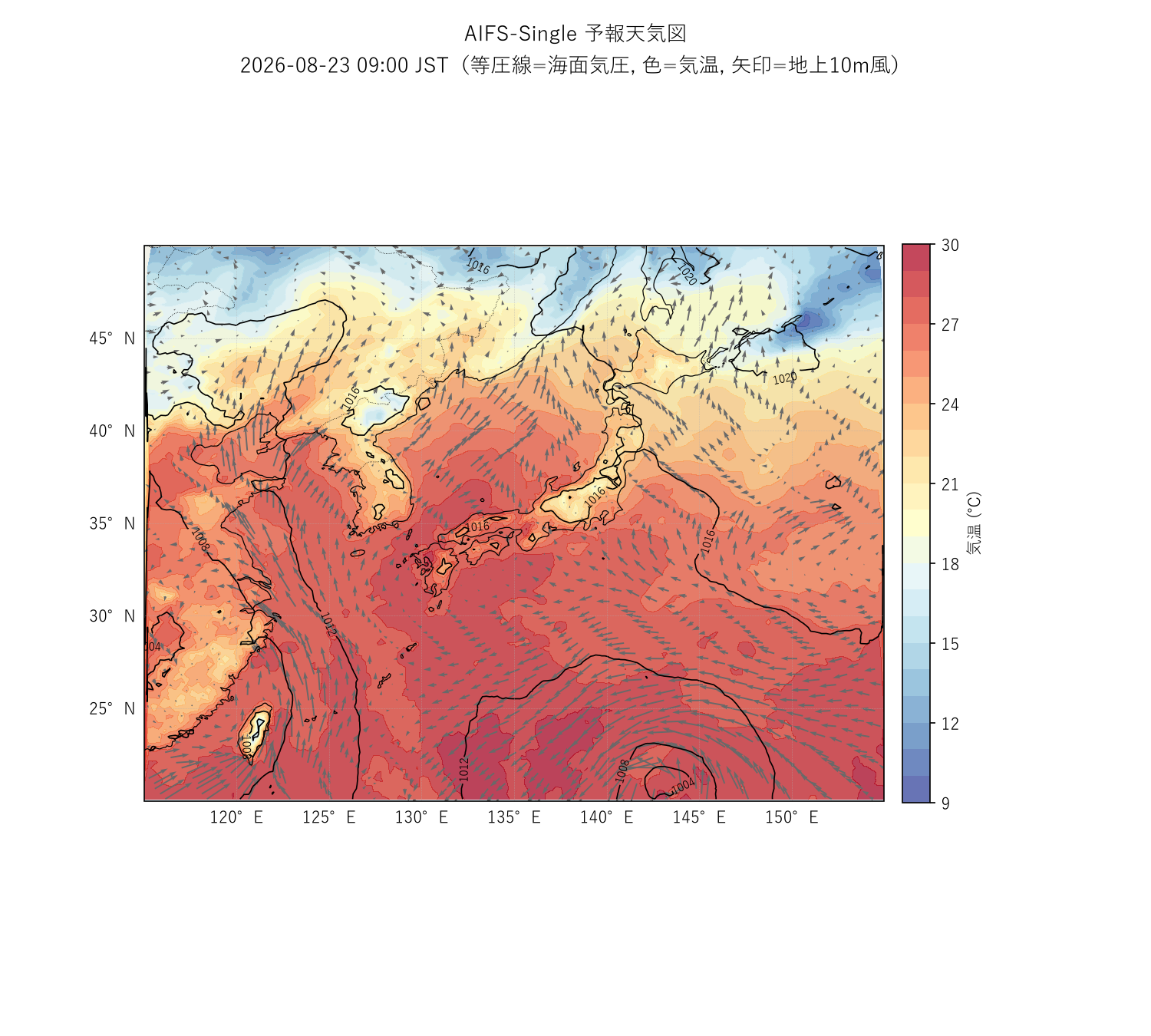 AIFS-Singleの予報から作った日本周辺の天気図